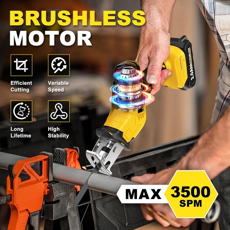 FULLYEA Cordless Reciprocating Saw, 0-3500 RPM Electric Saws with 4 Blades & 2 Batteries, Tool‑Free Change, Handheld Saw Lightweight, Battery Reciprocating Saws for Cutting Wood PVC Pipe (Yellow) - Image 4